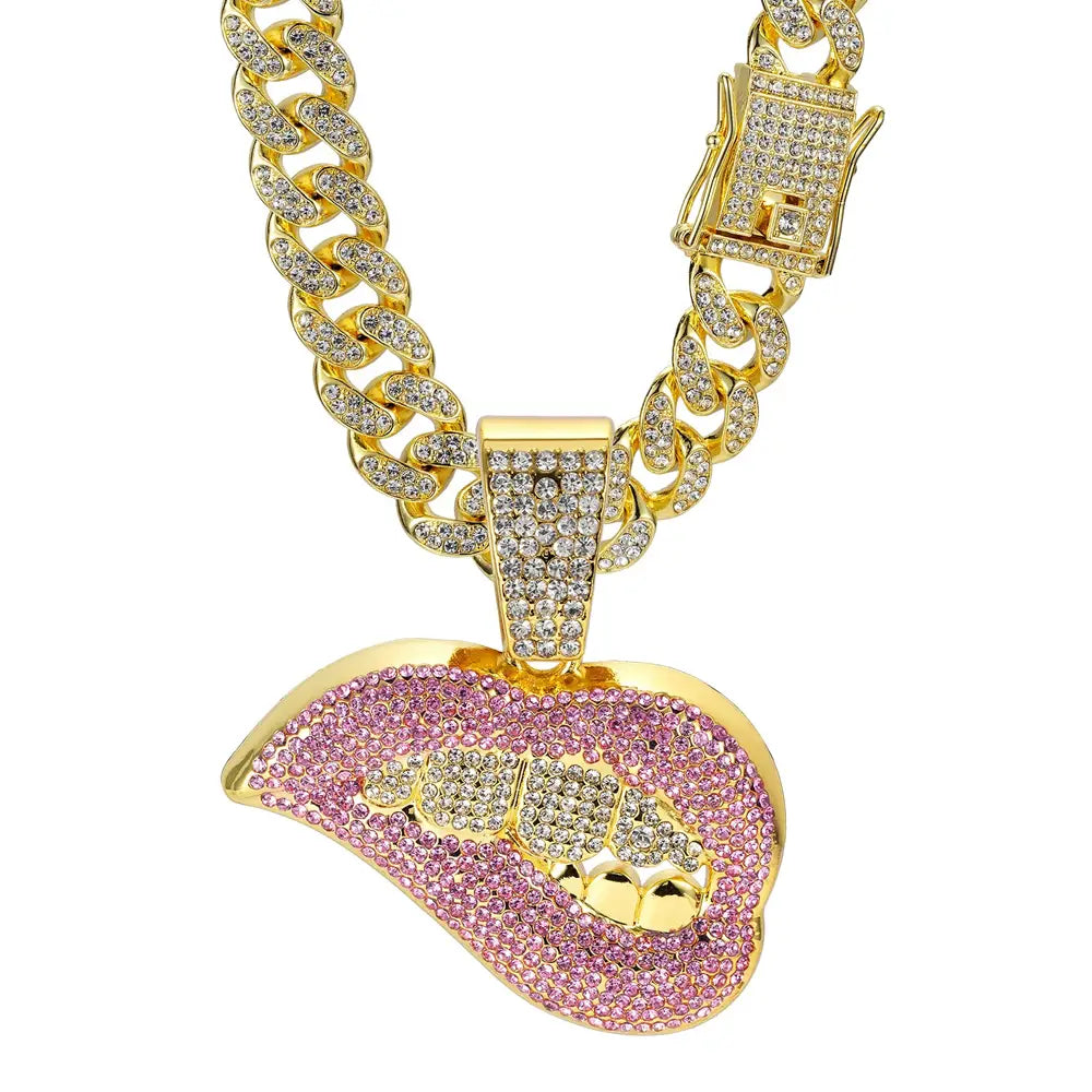 New Men Women Hip Hop Bite Lip Shape Pendant Necklace with 13mm Crystal Cuban Chain Iced Out Bling HipHop Necklace Charm Jewelry