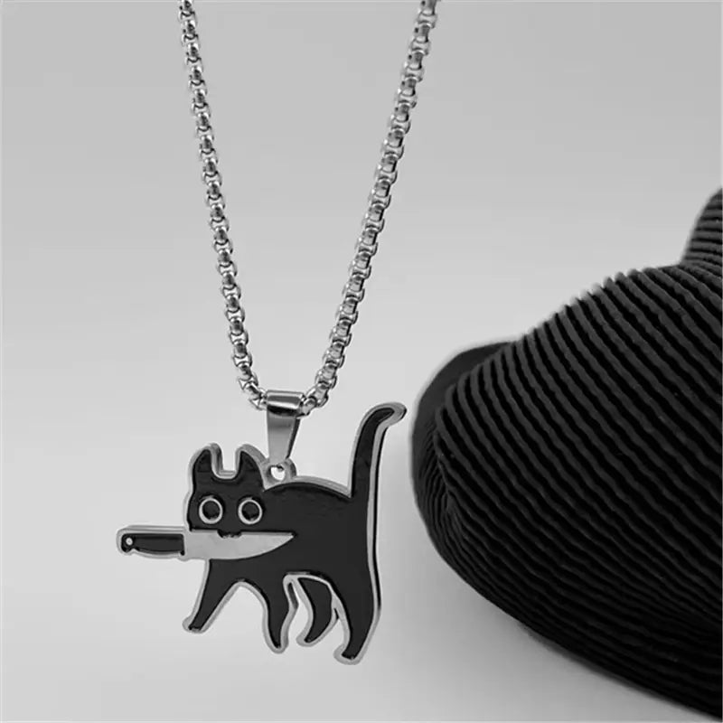 Hip Hop Fashion Knife Cat Long Pendant Necklaces for Women Men Funny Black Cat Sweater Chain Jewelry New Party Accessories Gift