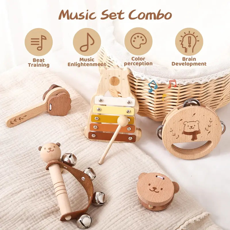 Baby Musical Toys Wooden Bear Rattle Bell Drum Xylophone Percussion Early Educational Instrument Playthings for Toddlers Kids