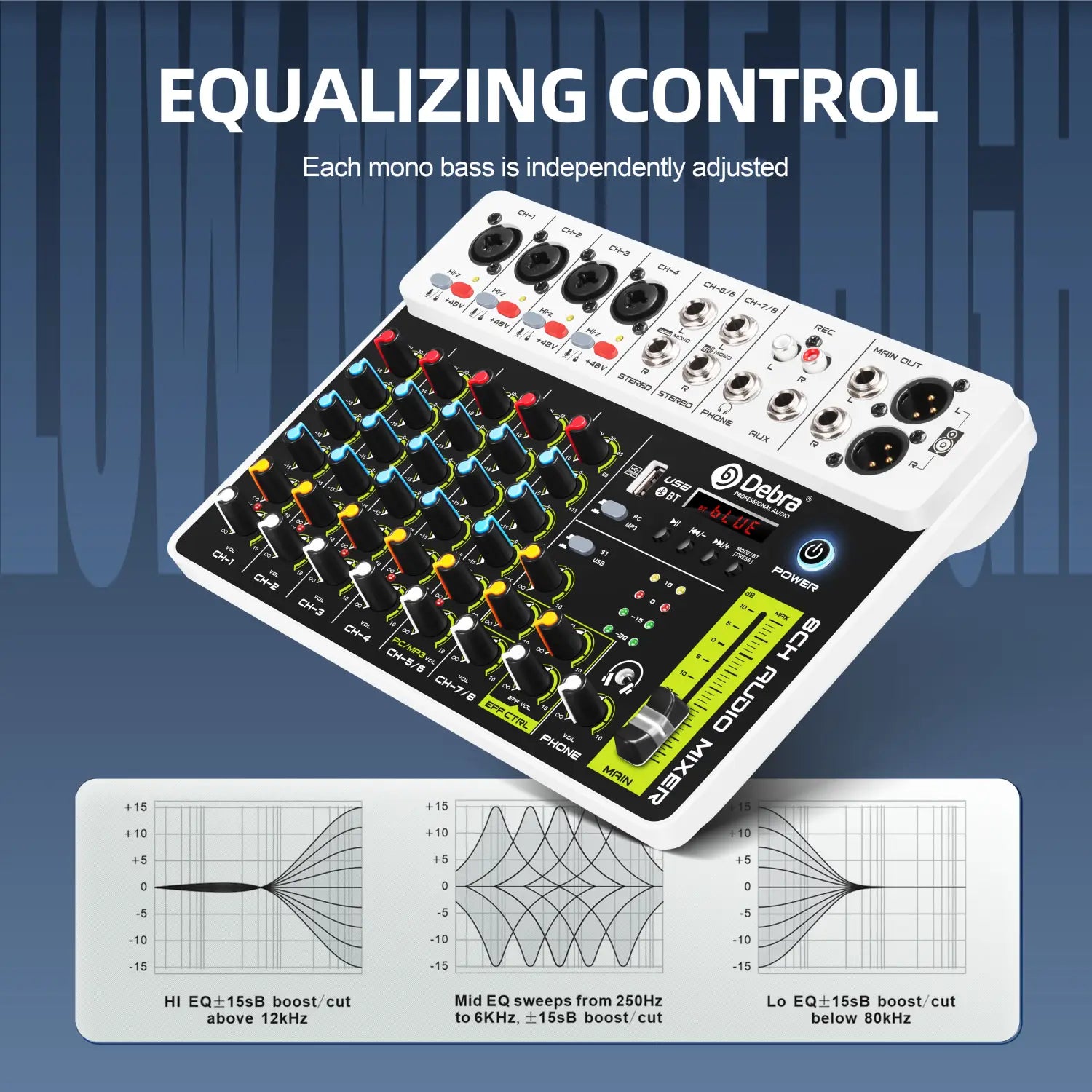 4/8 Channel Audio Mixer DJ Controller Sound Mixing Console With Bluetooth Phantom Power Delay Repaeat Effect For PC Recording