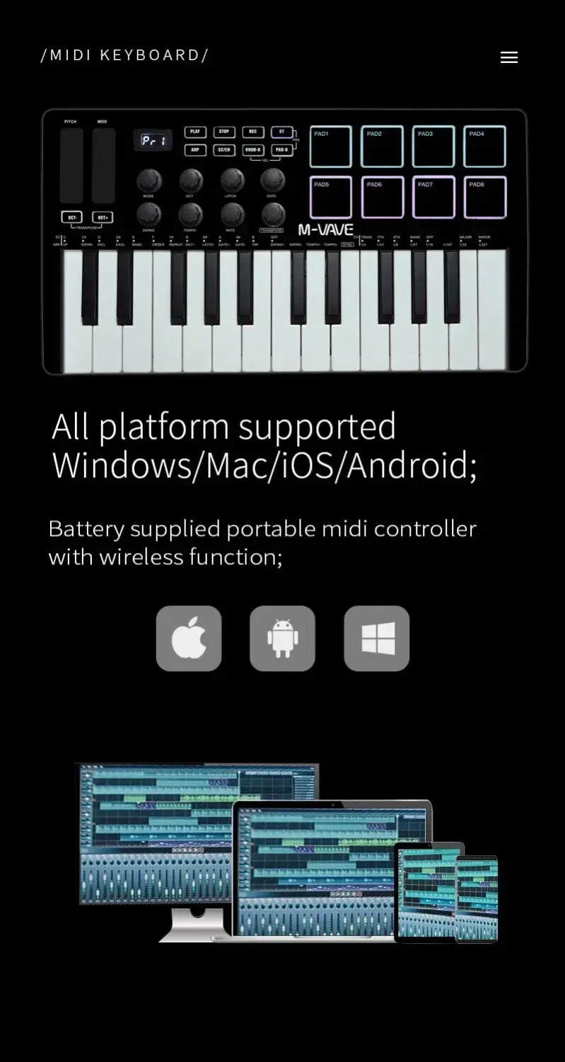 M-VAVE 25-Key MIDI Control Keyboard SMK-25 Mini USB Keyboard MIDI Mini Portable USB Keyboard MIDI Controller Rechargeable Parts