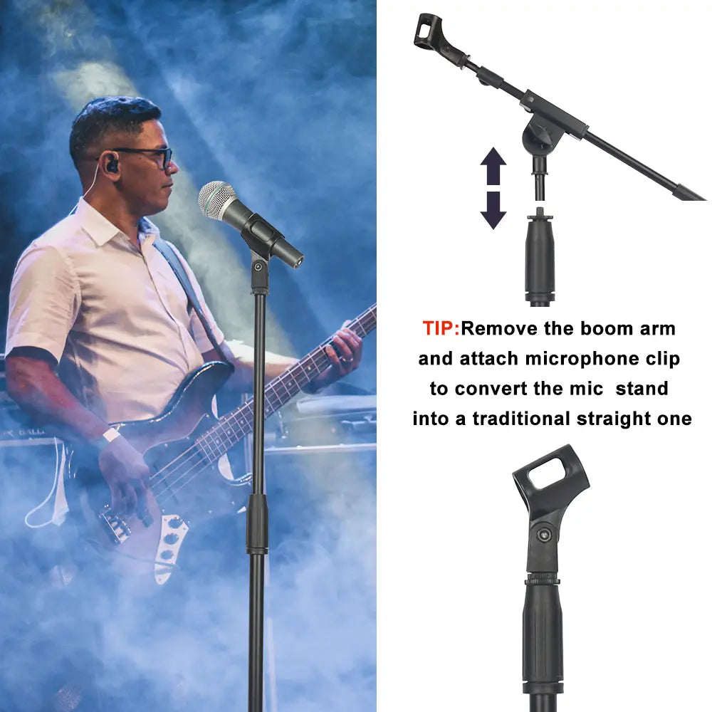 Microphone Stand Foldable Heavy Duty Tripod Karaoke Stands Floor Adjustable Boom Arm Length From 17’’ To 31’’ with Holder Clip