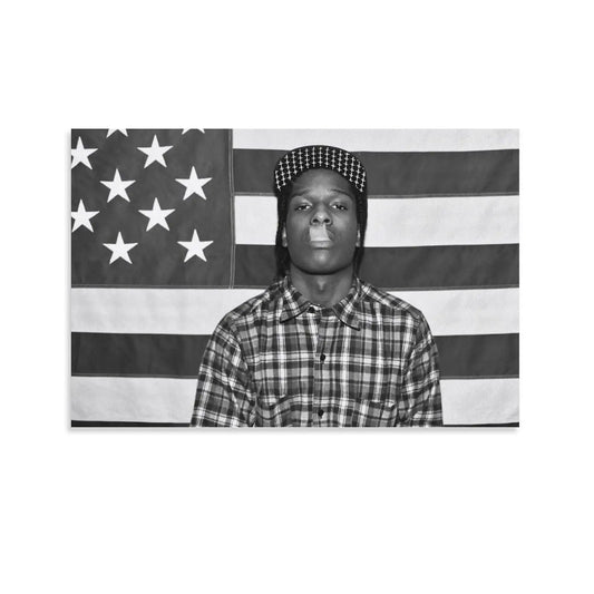 Black-and-white photographic print flag banner featuring a person in front of an american flag for office or gym decor