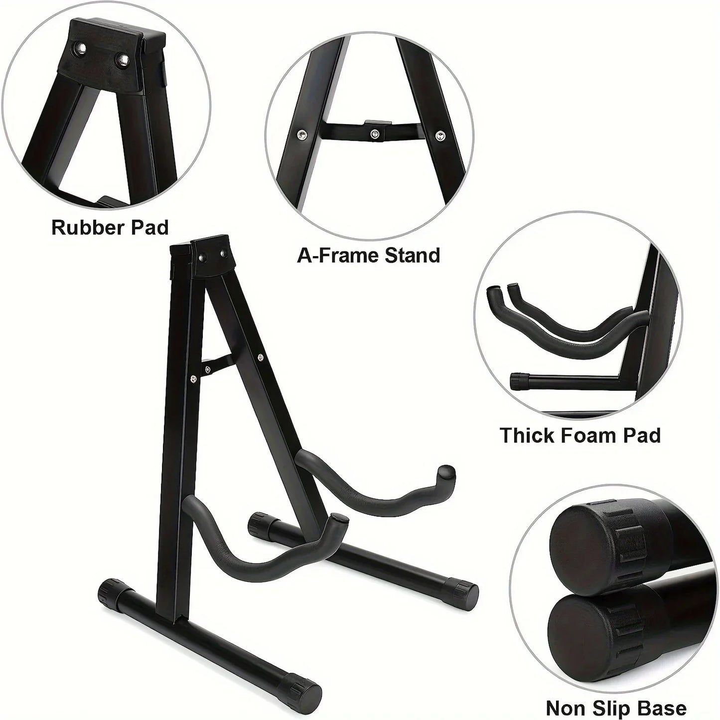 Black metal a-frame metal guitar stand with rubber and foam pads for secure support of acoustic electric guitar bass stable portable