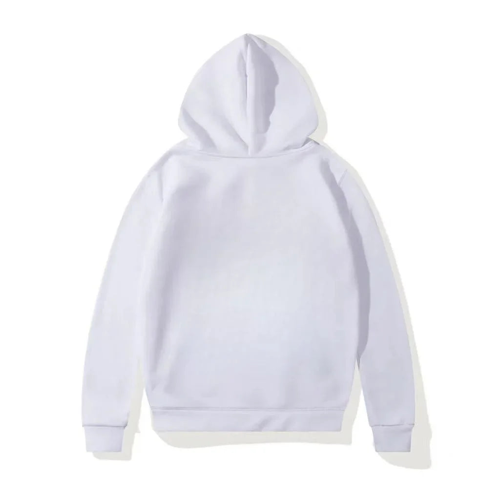 White hooded sweatshirt with soft smooth fabric in a sporty casual japanese streetwear harajuku printed hoodie design
