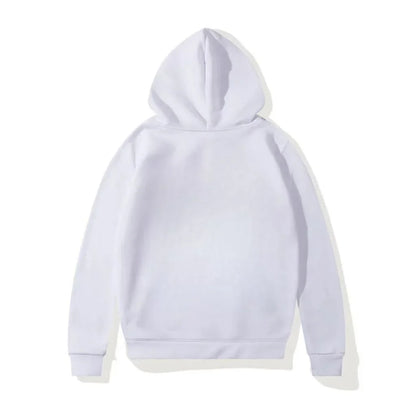 White hooded sweatshirt with soft smooth fabric in a sporty casual japanese streetwear harajuku printed hoodie design