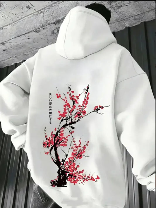 White hoodie with vibrant red and black cherry blossom tree design and japanese calligraphy on back harajuku printed hoodie