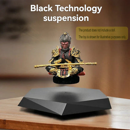 Black and gold ornate monkey warrior figurine in magnetic suspension display with rotating function for collectibles jewelry hand-made doll display