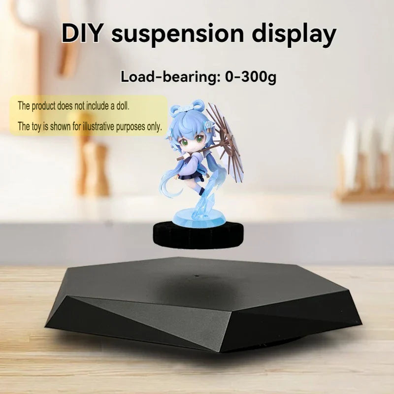 Black hexagonal magnetic suspension display base for collectibles jewelry hand-made doll display with rotating function