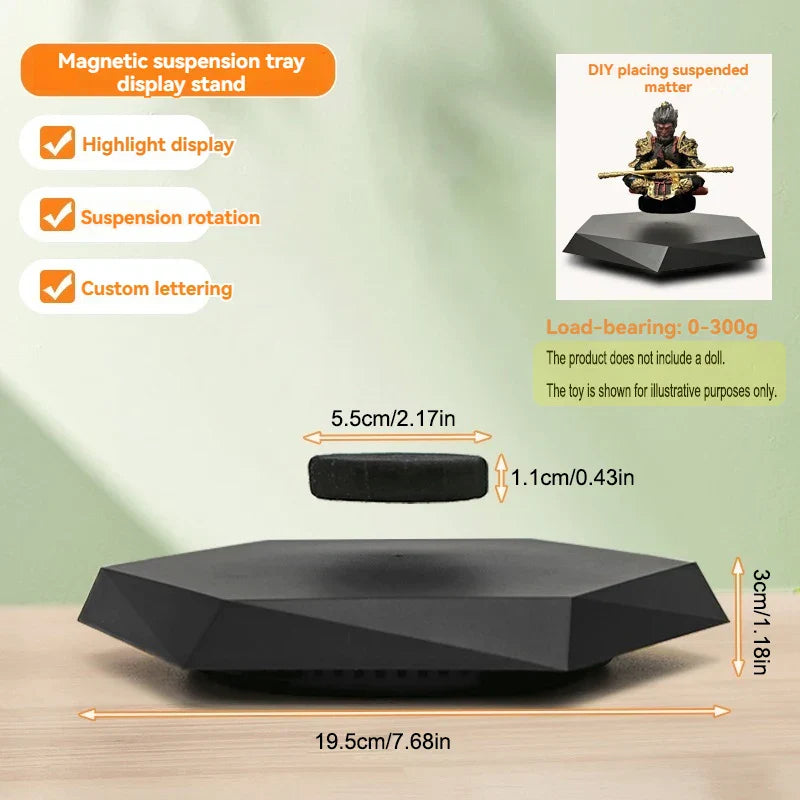 Black hexagonal magnetic suspension display stand with rotating function for collectibles jewelry hand-made doll display