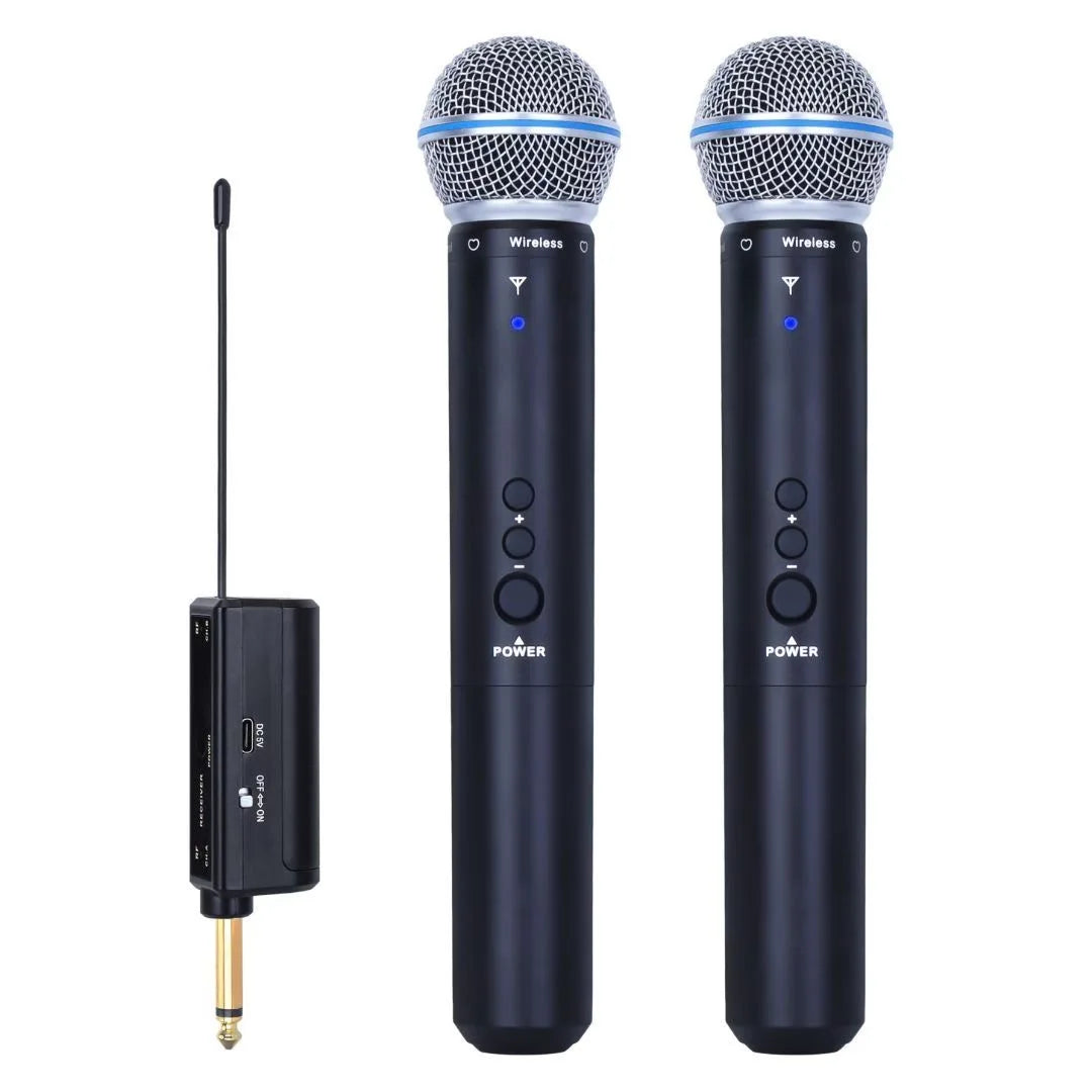 Black wireless handheld microphones with silver mesh grilles and blue rings paired with a rechargeable receiver suitable for parties karaoke professional dual-channel uhf system