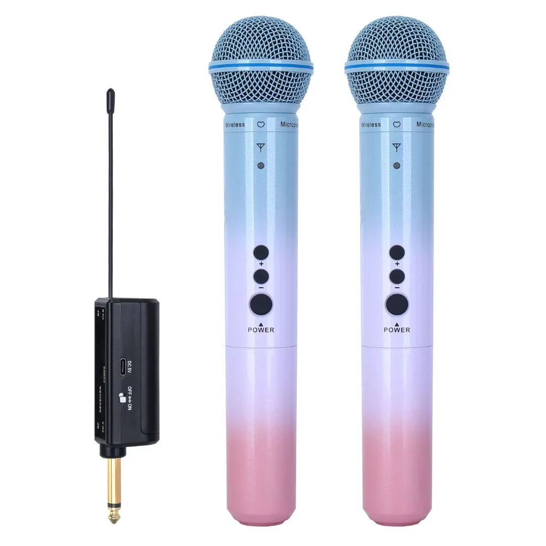 Two wireless handheld microphones with blue to pink gradient and silver mesh grilles paired with a black rechargeable receiver suitable for parties karaoke in a professional dual-channel uhf system