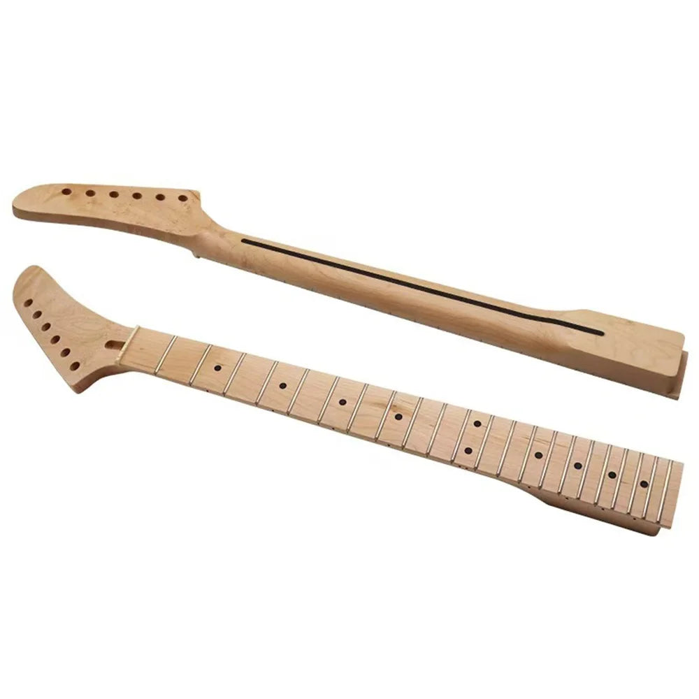 Unfinished natural wood electric guitar necks with fretboard and headstock next to a professional dual-channel uhf wireless microphone system with rechargeable receiver suitable for parties karaoke