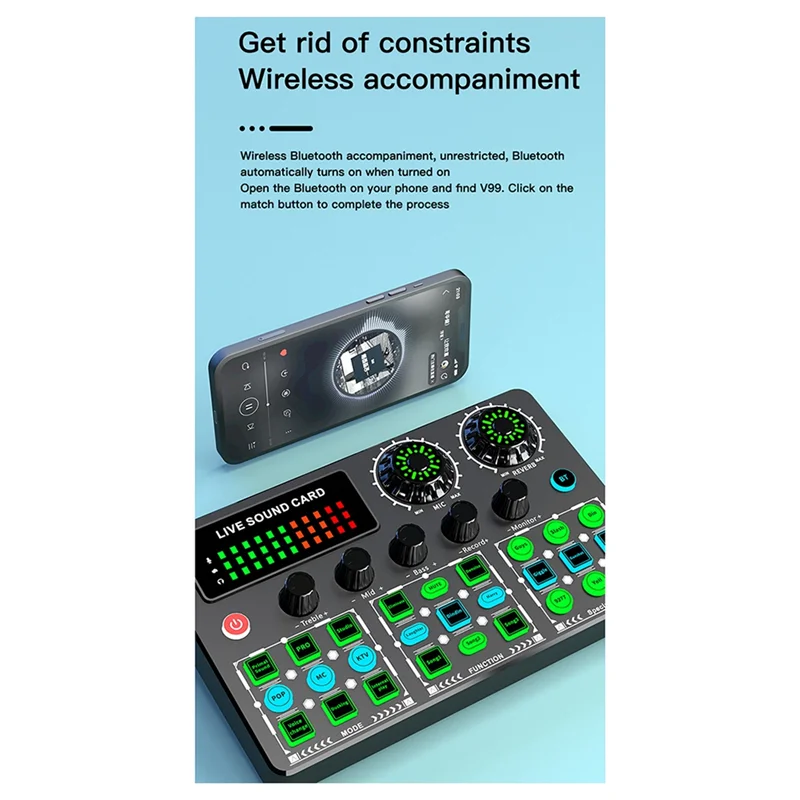 Black v99 live mobile sound card with green and blue illuminated buttons for mobile karaoke recording and singing podcast use