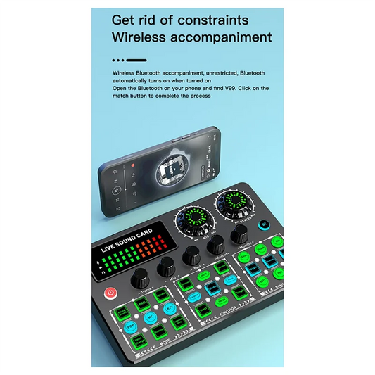 Black v99 live mobile sound card with green and blue illuminated buttons for mobile karaoke recording and singing podcast use