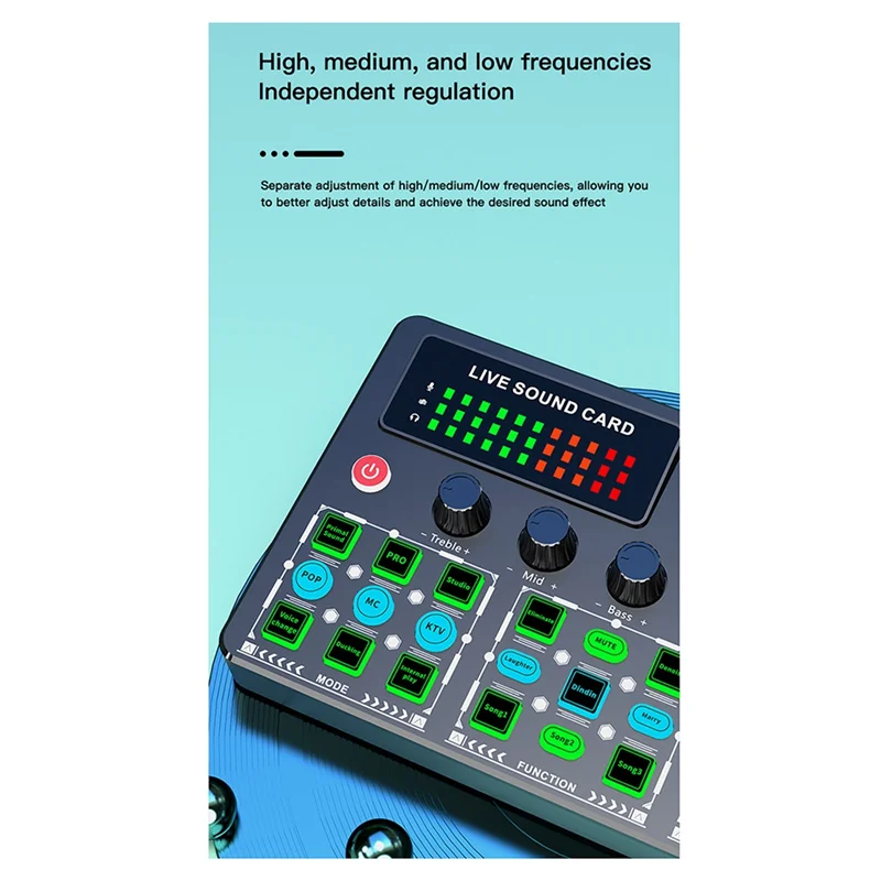 Black a06f v99 live mobile sound card with digital display and colorful frequency bars for mobile karaoke recording and singing computer podcast