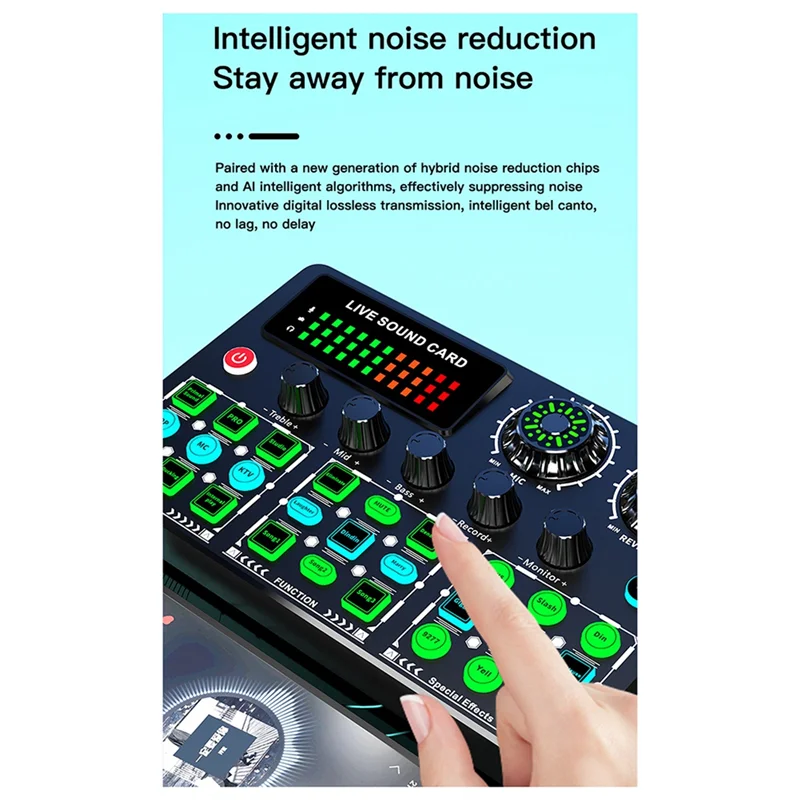Black and green v99 live mobile sound card with multiple knobs buttons and led display for mobile karaoke recording and podcast