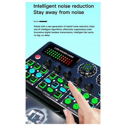 Black and green v99 live mobile sound card with multiple knobs buttons and led display for mobile karaoke recording and podcast