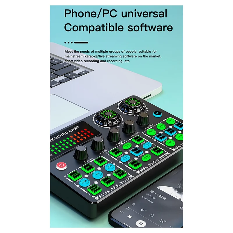 Black usb dedicated sound card v99 live mobile with green and blue illuminated buttons for mobile karaoke recording
