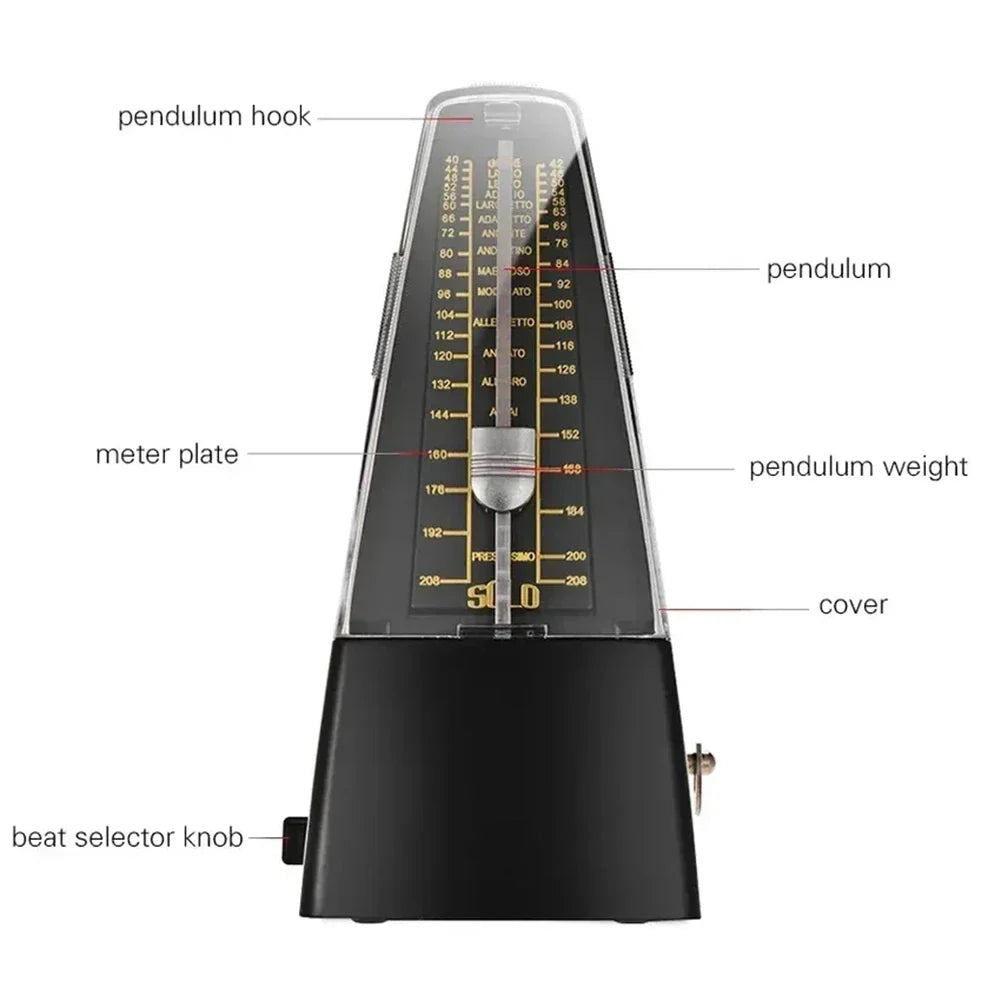 Black a06f-standard precision mechanical metronome with transparent cover silver pendulum for piano guitar violin use