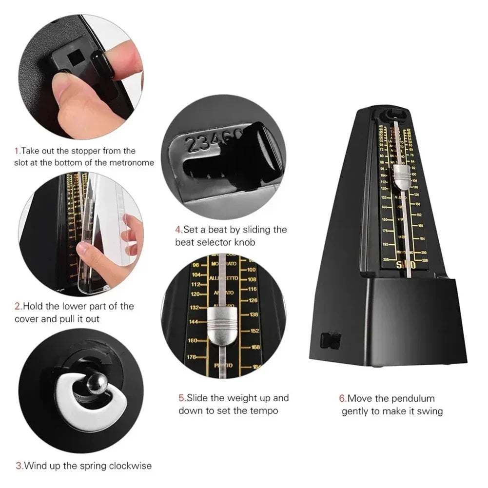 Black a06f-standard precision mechanical metronome with silver pendulum and gold beat markings for piano guitar violin