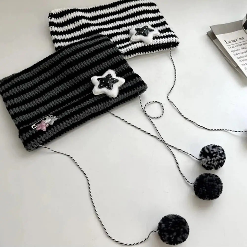 Hip-hop Y2K Beanie Hat Ins Devil Ear Striped Knitted Wool Cap Hip-hop Crochet Cute Cat Ears Pointed Pullover Women's Hats