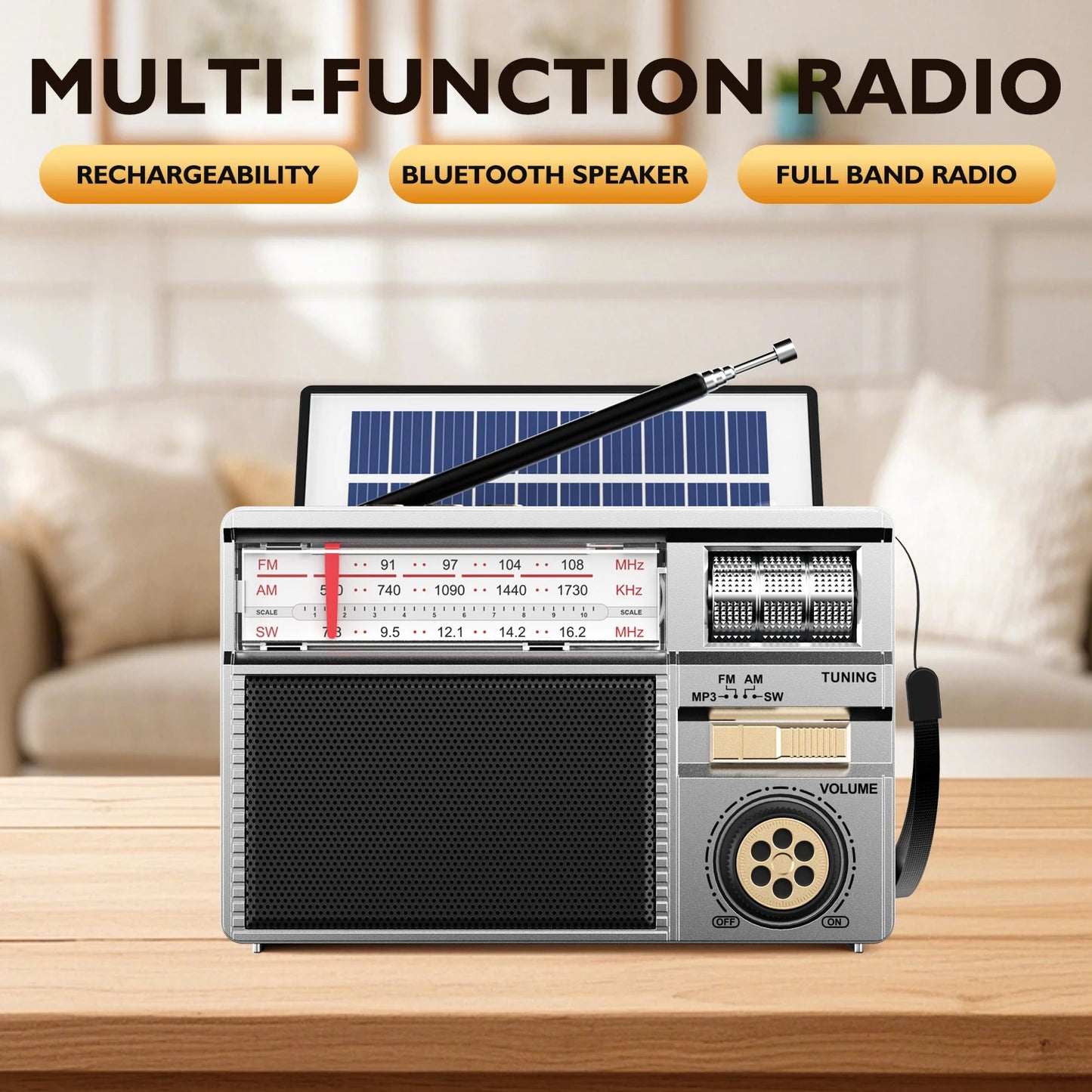 Retro All-Band Radio with Wireless Audio Connectivity, Solar & Multi-Mode Charging, Long-Lasting Battery & Multiple Play Modes