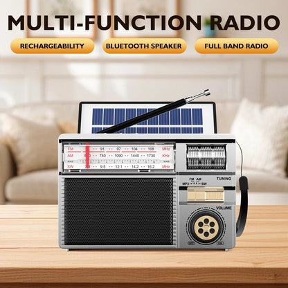 Retro All-Band Radio with Wireless Audio Connectivity, Solar & Multi-Mode Charging, Long-Lasting Battery & Multiple Play Modes