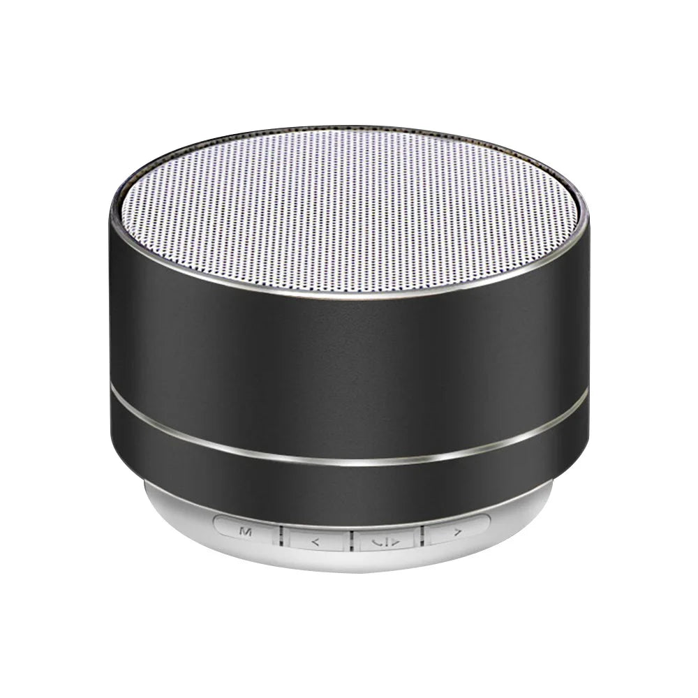 Black and silver cylindrical a10 portable bluetooth speaker with mesh grille top support tf card and perfect sound quality
