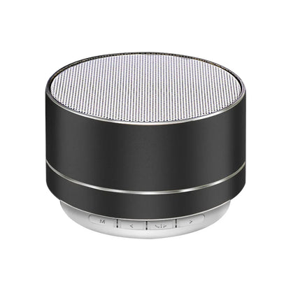 Black and silver cylindrical a10 portable bluetooth speaker with mesh grille top support tf card and perfect sound quality