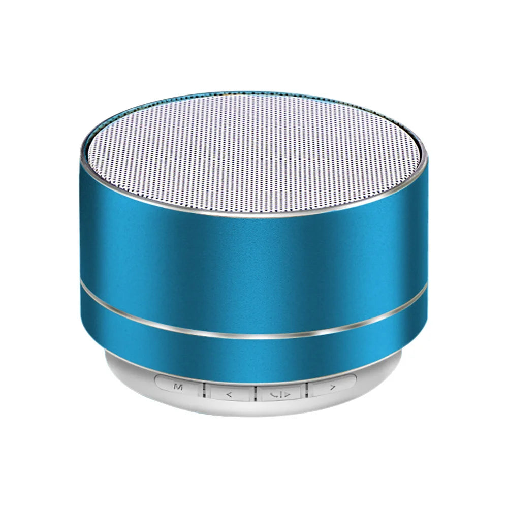 Blue cylindrical a10 portable bluetooth speaker with silver mesh grille and control buttons supports tf card for perfect sound