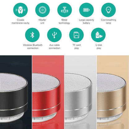 Compact cylindrical a10 portable bluetooth speaker with mesh grille top, available in black, red, silver, and gold, supports tf card for perfect sound