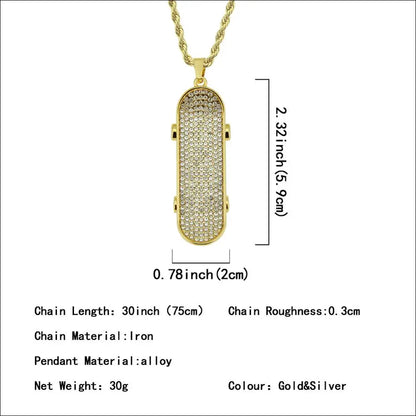 Hip Hop Full Rhinestones Paved Bling Iced Out Skateboard Pendants Necklace for Men Rapper Jewelry Gold Silver Color
