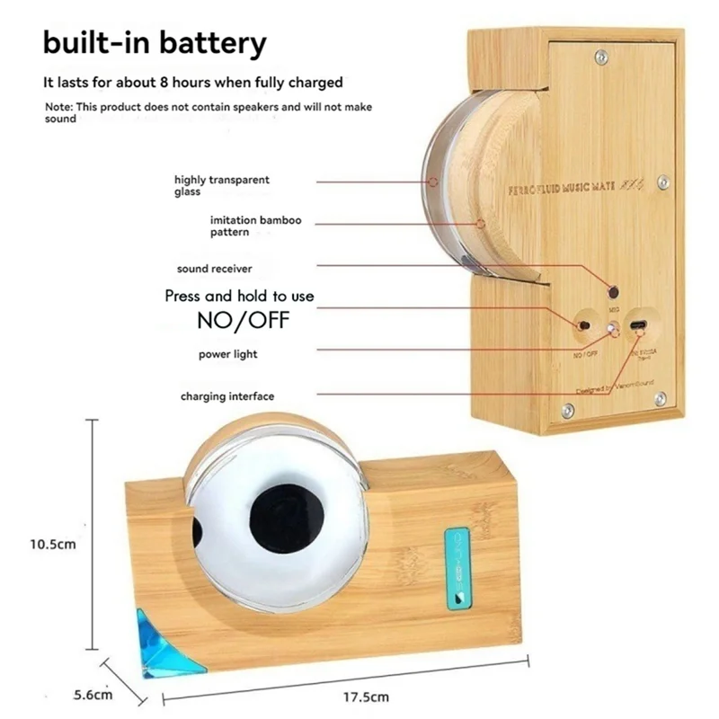 A sleek wooden music player with bamboo pattern and glass dome featuring eye design for ferrofluid music rhythm pickup equipment visual