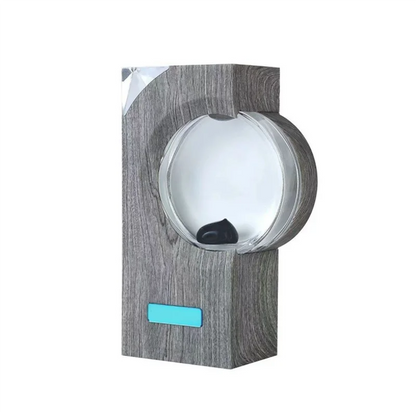 Gray wood-grain ferrofluid music rhythm lamp with circular glass dome housing magnetic liquid pickup equipment and turquoise panel