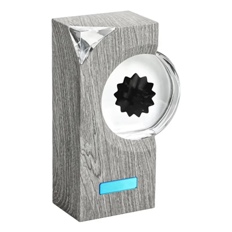 Gray wood-grain textured A15I ferrofluid music rhythm lamp with clear window showing magnetic liquid pickup equipment visual