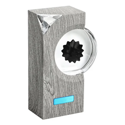 Gray wood-grain textured A15I ferrofluid music rhythm lamp with clear window showing magnetic liquid pickup equipment visual