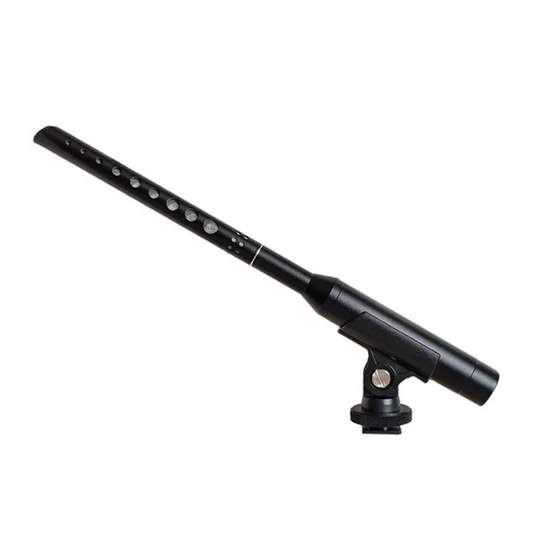 Black matte-finish shotgun condenser hanging microphone with perforated grille and adjustable bracket for school teaching multimedia chorus speech