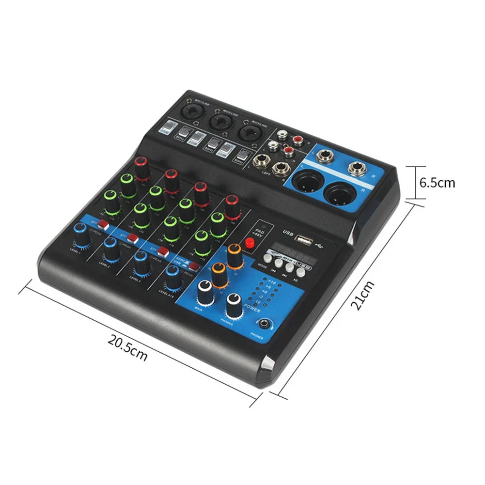 Black and blue 6-channel a5 live sound card mixing console with colorful knobs for professional audio and live streaming sound mixer