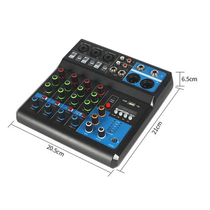 Black and blue 6-channel a5 live sound card mixing console with colorful knobs for professional audio and live streaming sound mixer