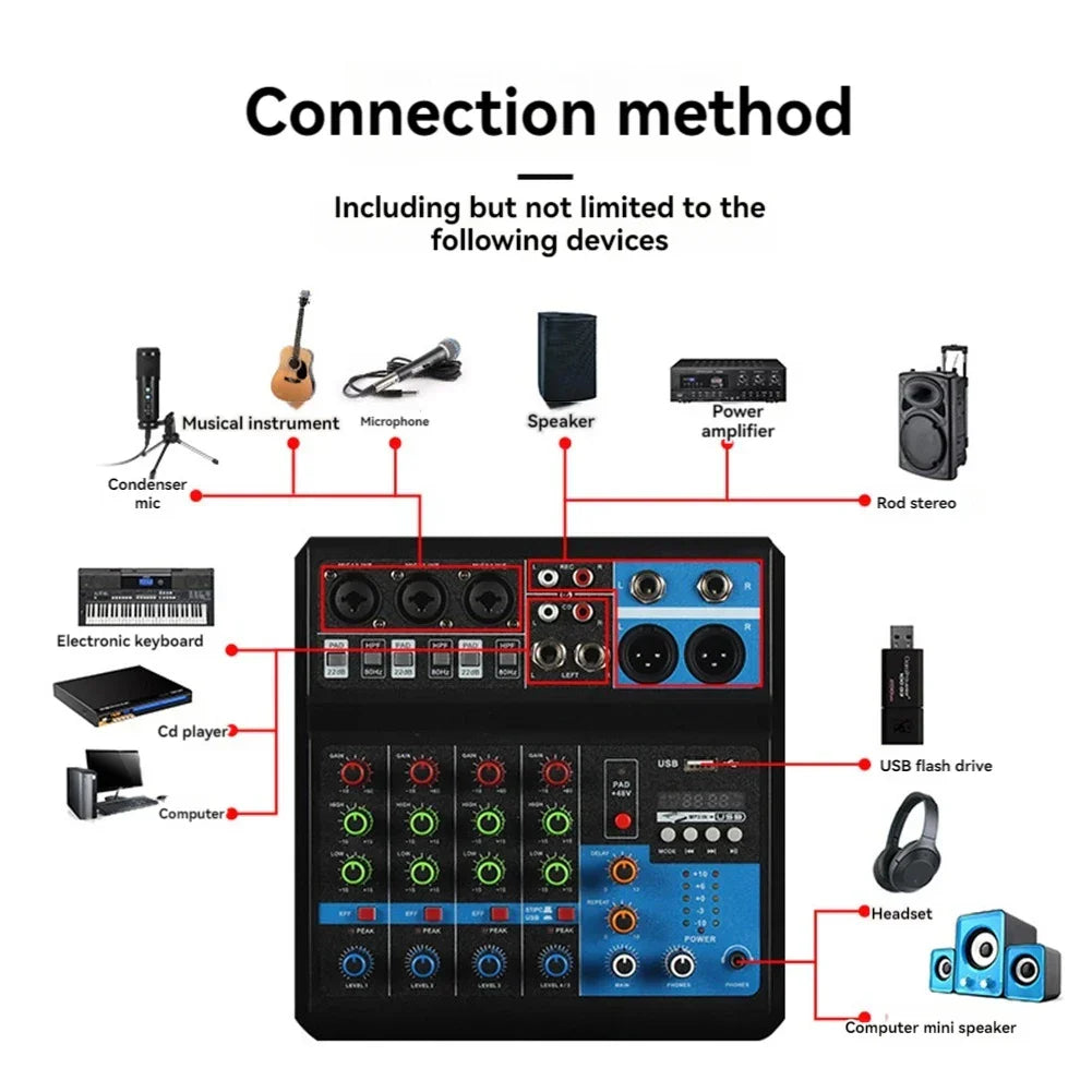 Black and blue 8-channel professional audio sound mixer with multiple ports for live streaming and dj equipment connectivity