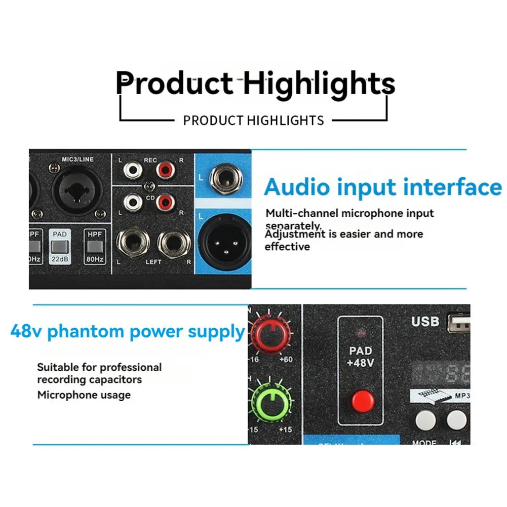 Black and blue A5 live sound card mixing console with multiple mic inputs and digital display for professional audio and live streaming