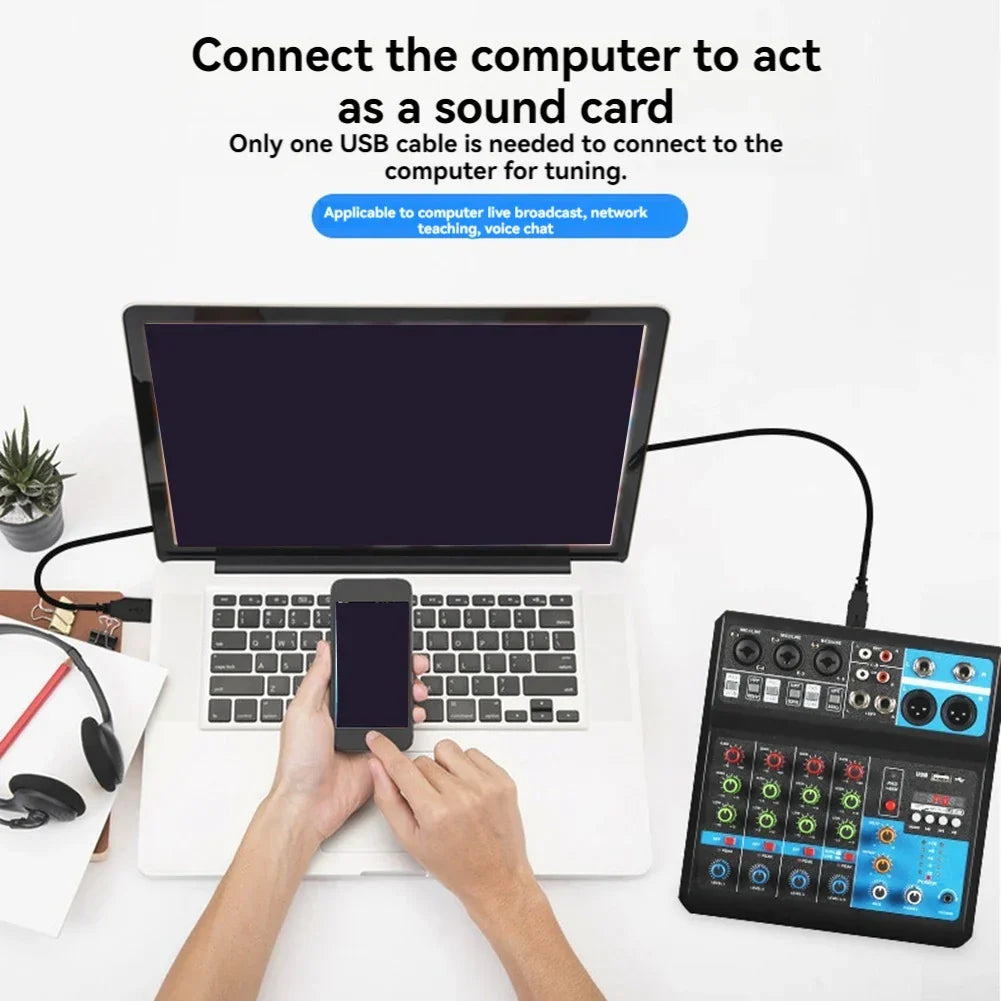 Black and blue A5 live sound card mixing console with multiple ports for professional audio and live streaming sound mixer connectivity
