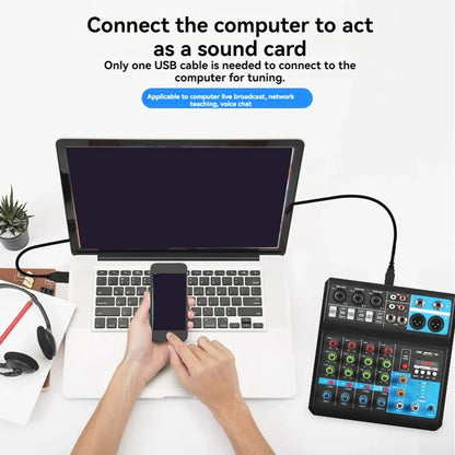 Black and blue A5 live sound card mixing console with multiple ports for professional audio and live streaming sound mixer connectivity