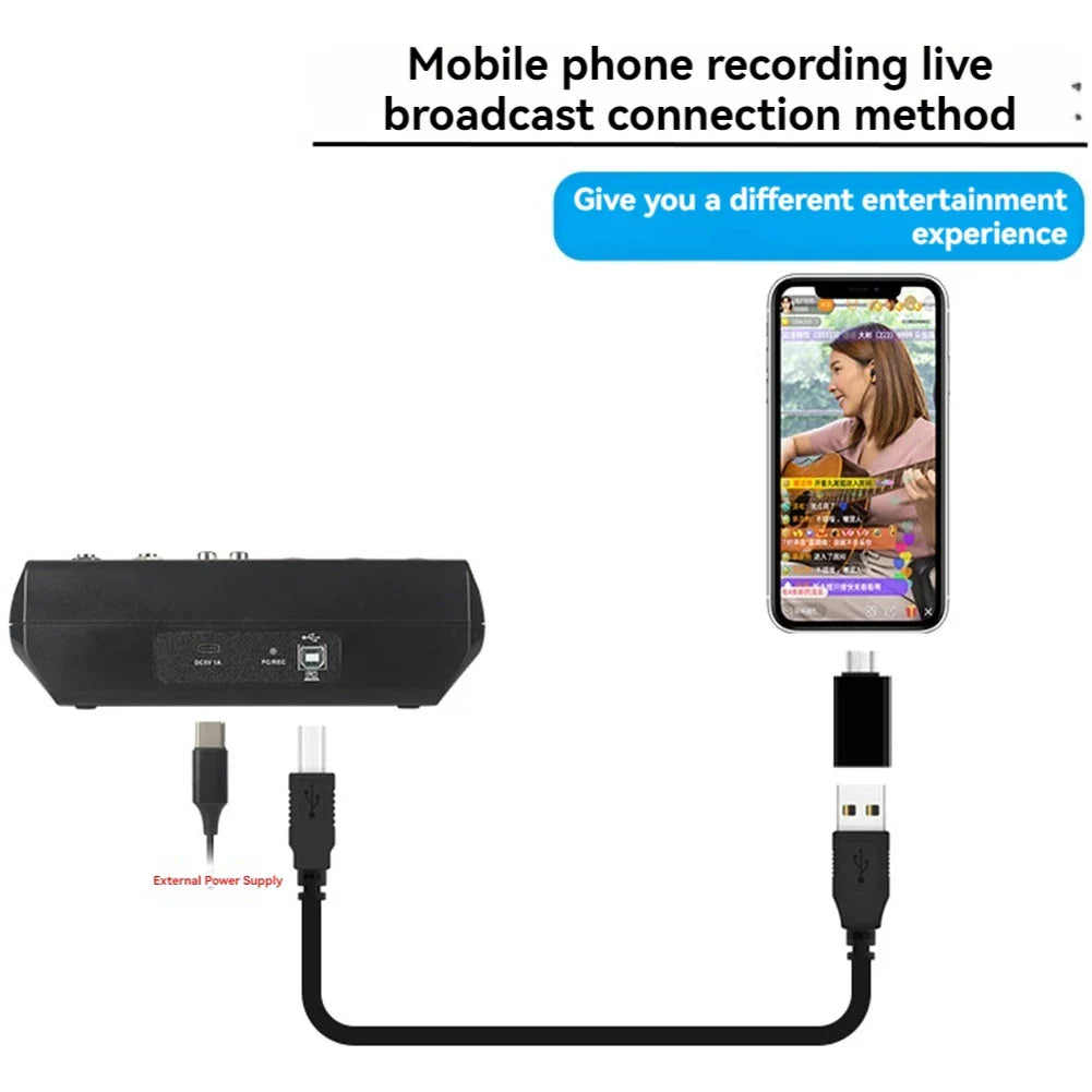 Black rectangular a5 live sound card mixing console with usb ports and power cable for professional audio live streaming