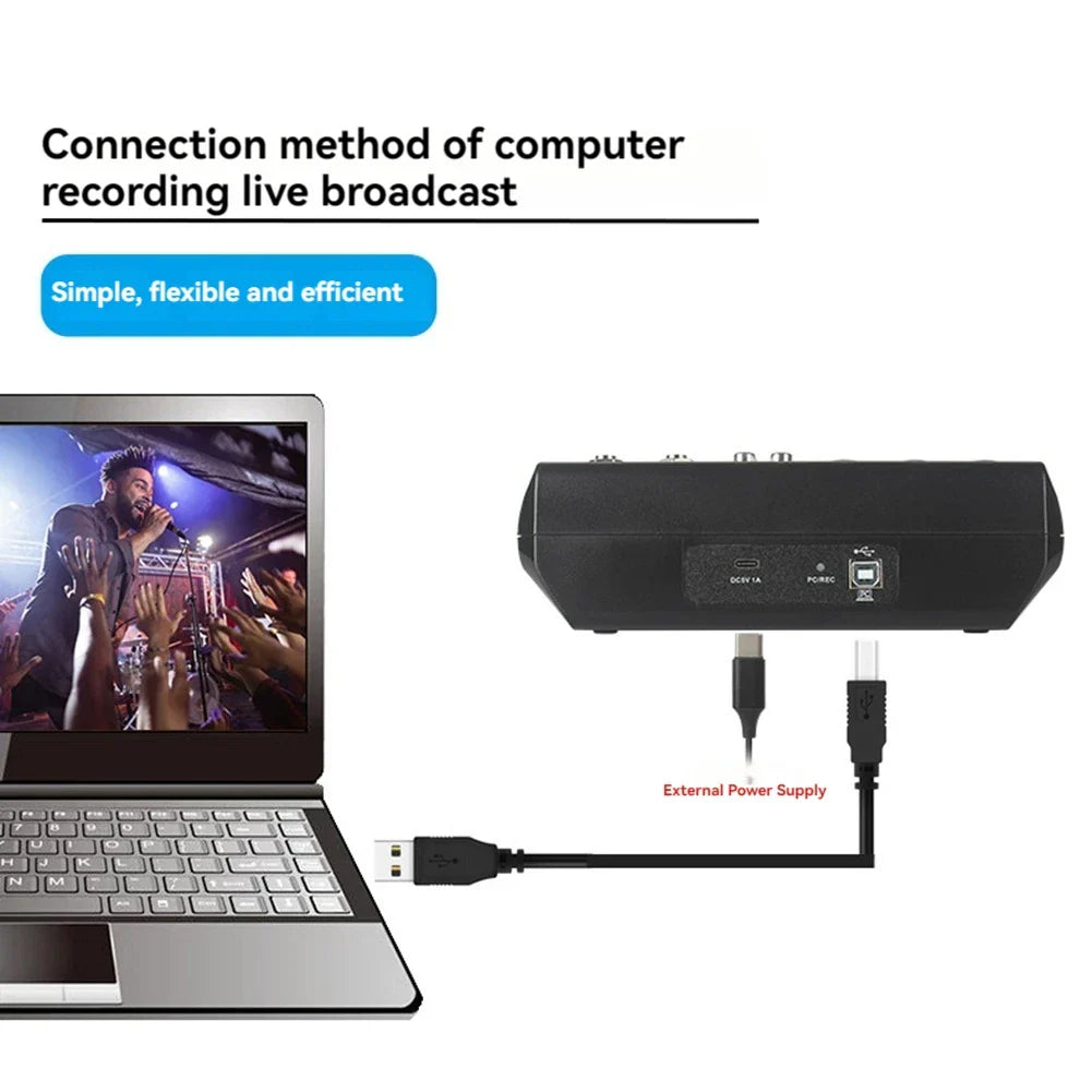 Black rectangular a5 live sound card mixing console with multiple ports and external power for professional audio live streaming