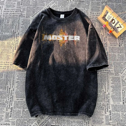 Summer Hip Hop Graffiti Design Short Sleeve T-shirts For Men Wash Distressed Cotton Y2K Tee Shirts Vintage Streetwear Tshirt