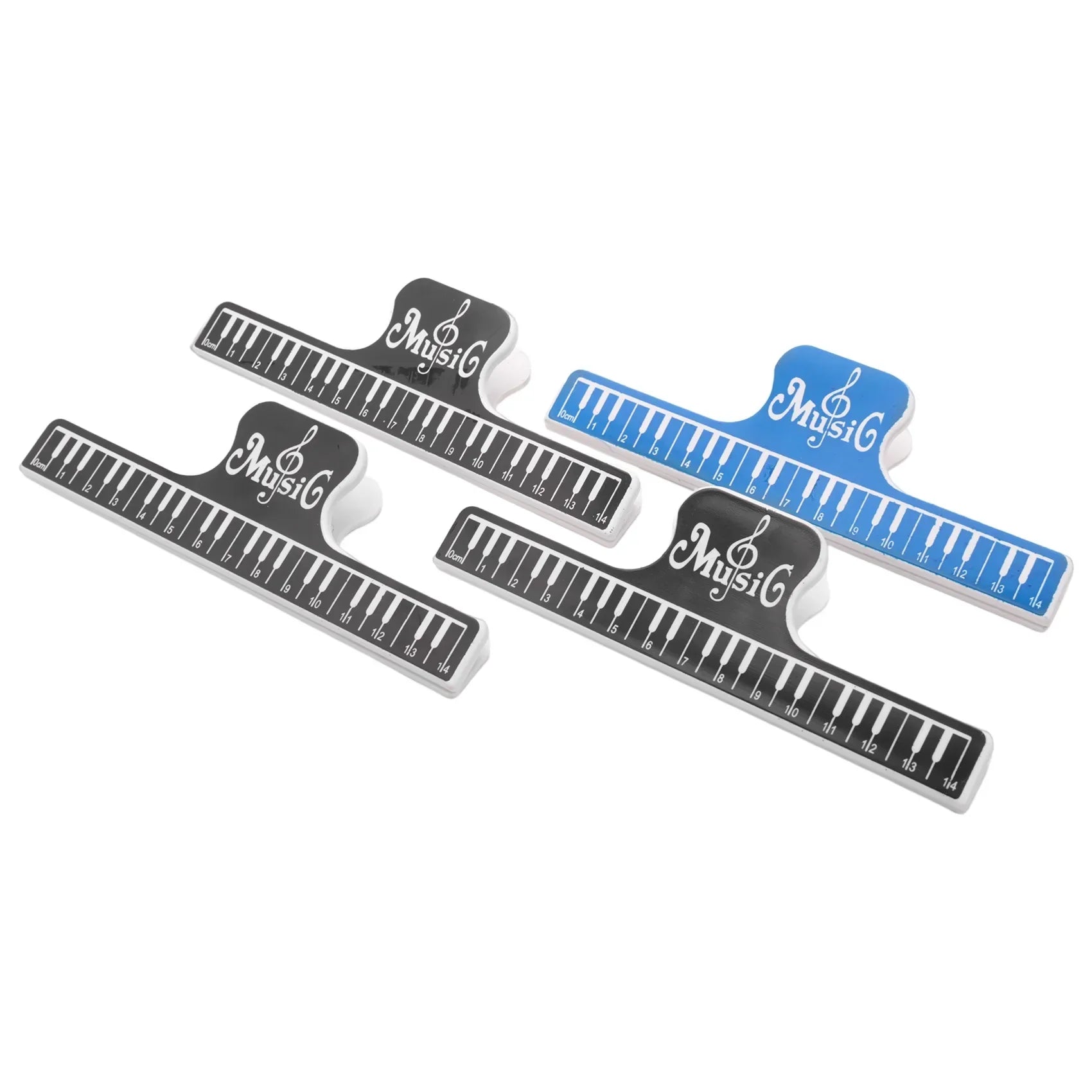 Black and blue piano-key-shaped music clips with white lettering for music stand compatible with yamaha models