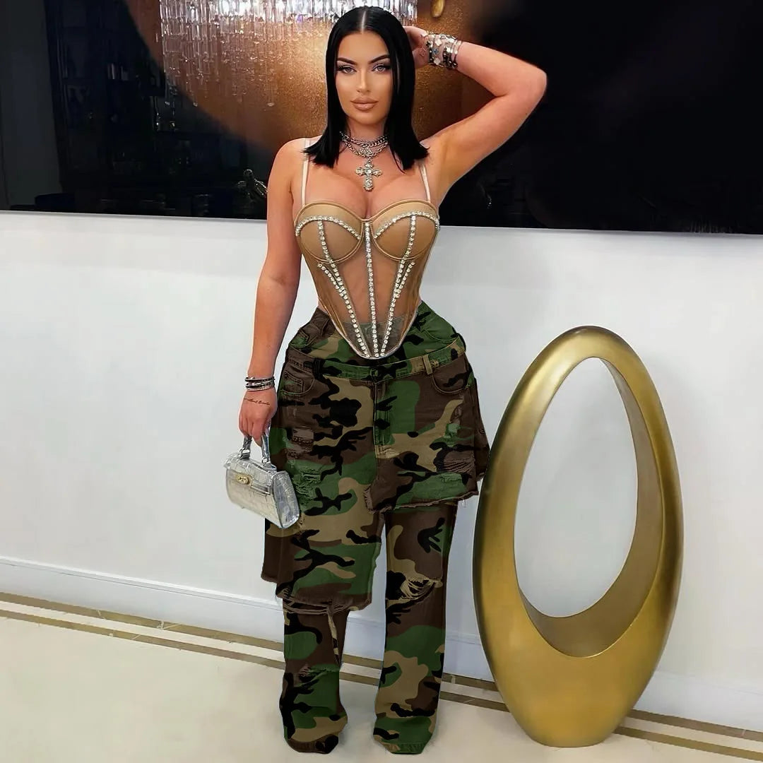 Hip Hop Ripped Camouflage Print Jeans Stretch Pants Sexy Women High Waist Elegant Camo Denim Straight Trousers