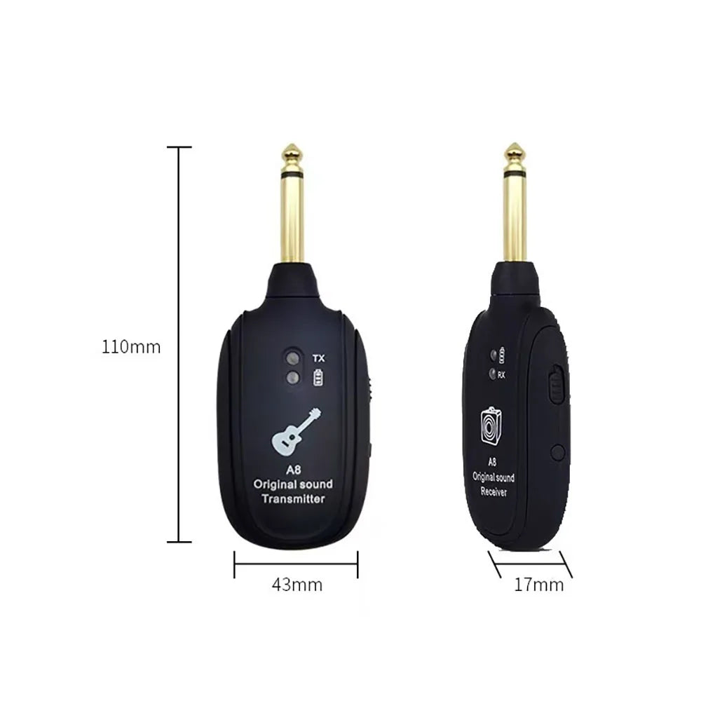 Black uhf electric guitar wireless transmitter receiver set with gold audio jacks low latency rechargeable design
